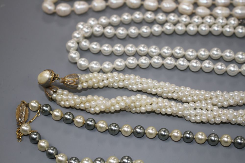 Two coral stick bead necklaces, a freshwater pearl necklace and three other costume necklaces,